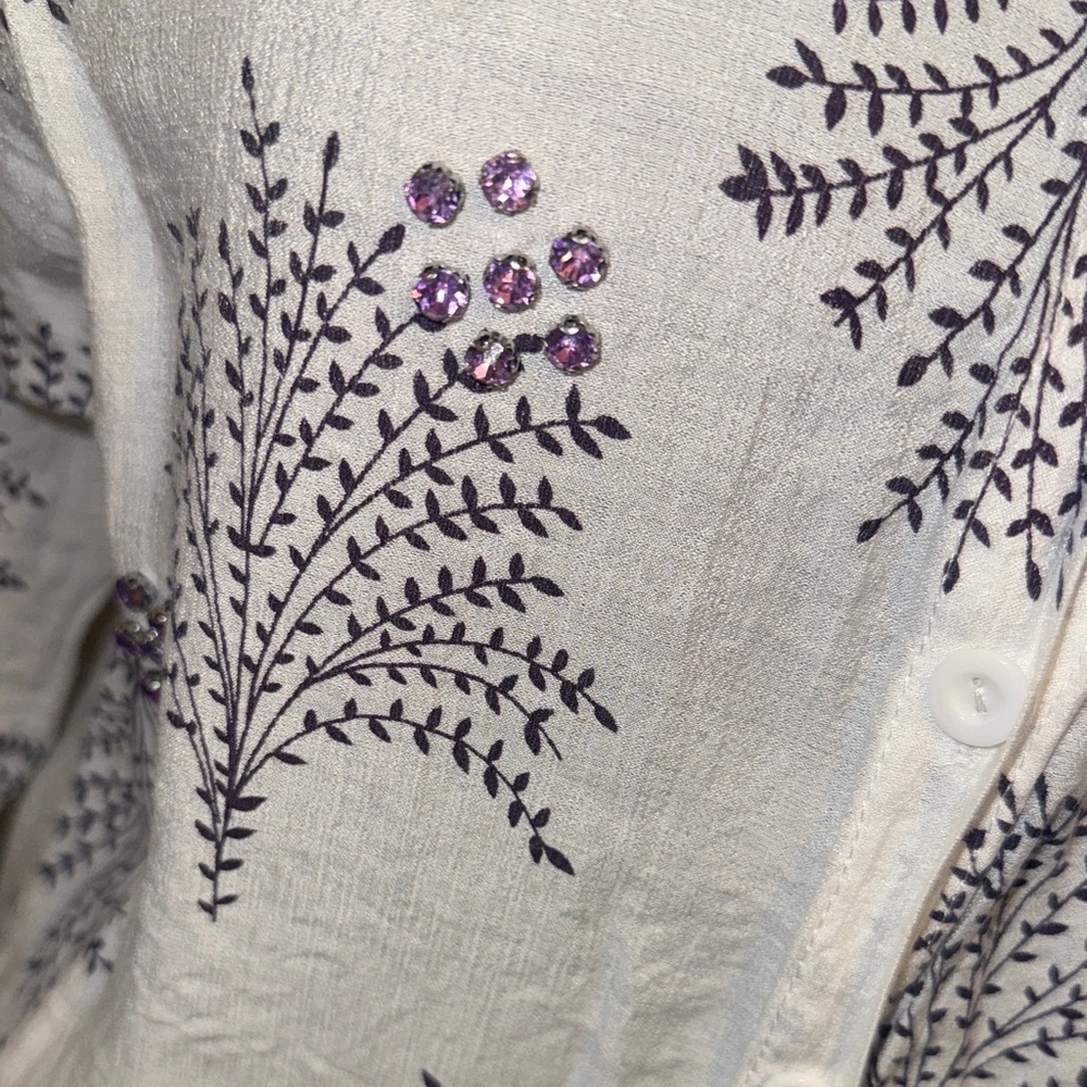 Elegant Cream and Purple Floral Button Down Shirt - Picture 16 of 16